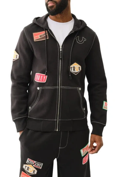 True Religion Patch Zip Hoodie In Jet Black
