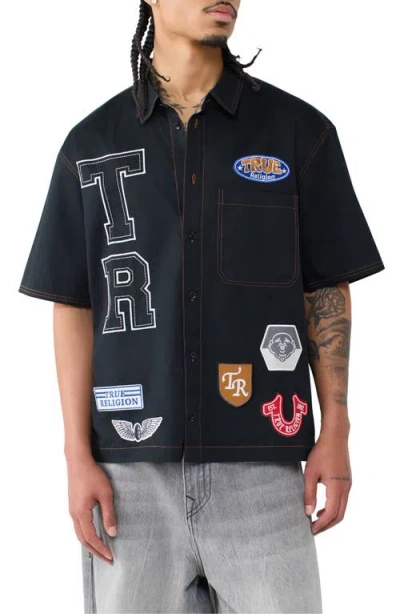 True Religion Patchwork Short Sleeve Cotton Button-up Shirt In Blue