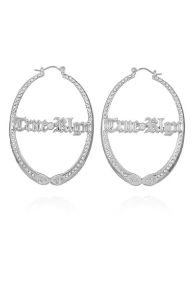 True Religion Pave & Logo Oval Hoop Earring In Metallic