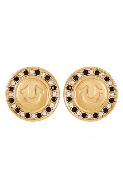 True Religion Pavé Crystal Horseshoe Button Stud Earrings In Gold