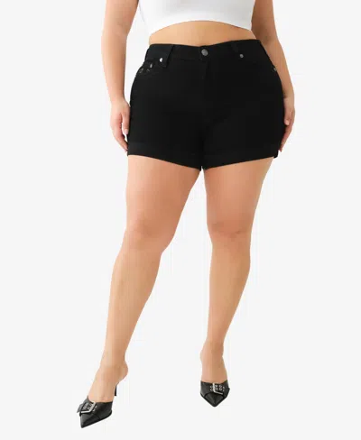 True Religion Plus Size Jennie Mid-rise Curvy Rolled Shorts In Black