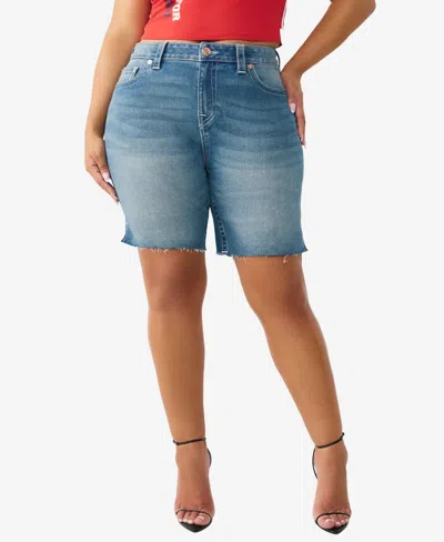 True Religion Plus Size Miya Mid-rise Bermuda Shorts In Blue