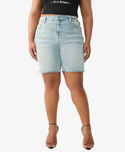 True Religion Plus Size Miya Mid-rise Big T Bermuda Shorts In Blue