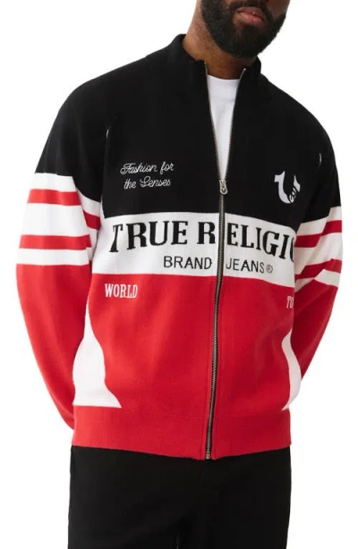 True Religion Zip Up Racing Raglan Knit Jacket With Contrast Panels In Red
