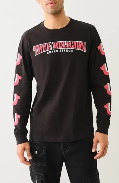 True Religion Repeated Horseshoe Long Sleeve Cotton Graphic T-shirt In Jet Black