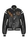True Religion Mens Jet Black Retro Logo-patch Faux-leather Varsity Jacket In Black