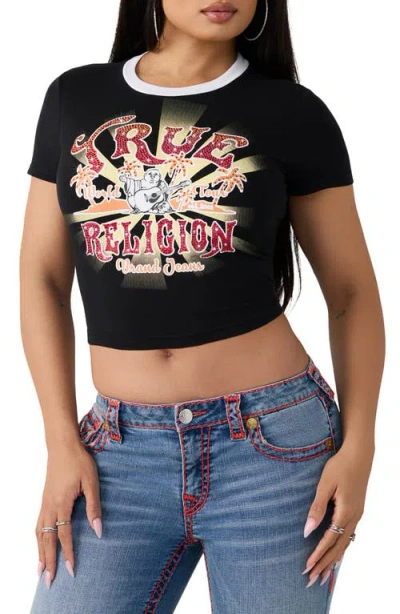 True Religion Rhinestone Heritage Graphic Ringer Baby Tee In Black