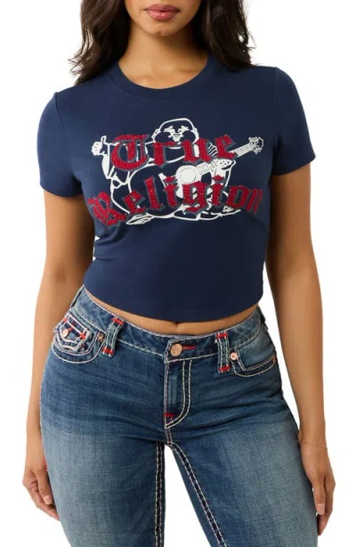 True Religion Rhinestone Logo Baby Tee In Dress Blue
