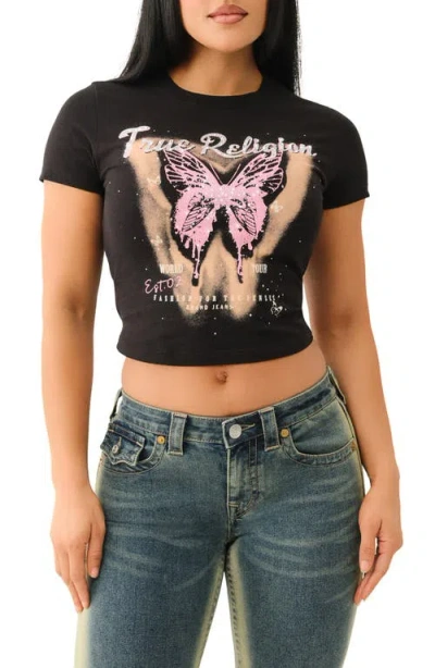 True Religion Rhinestone Logo Baby Tee In Jet Black