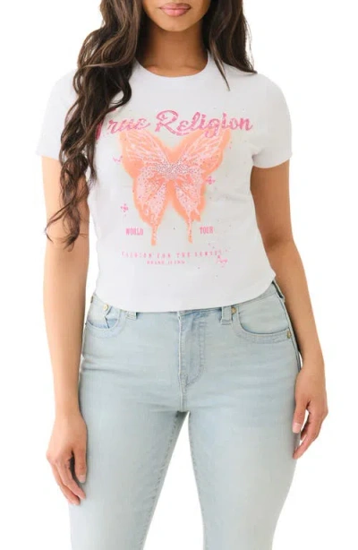 True Religion Rhinestone Logo Baby Tee In Optic White