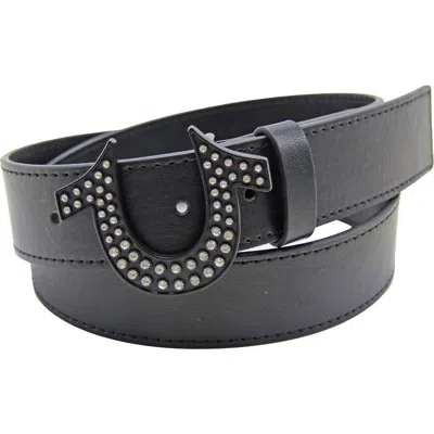 True Religion Rhinestone Logo Buckle Leather Belt In Blue