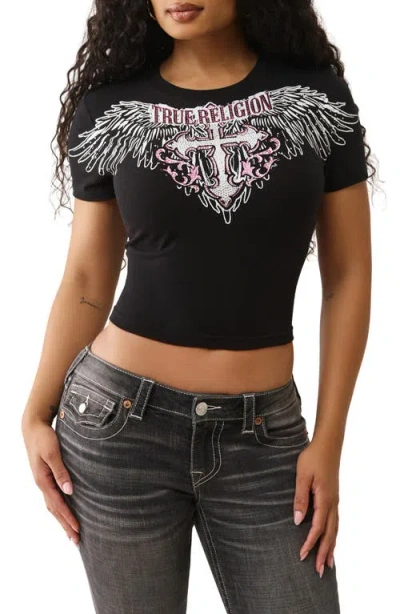 True Religion Rhinestone Wing Graphic Baby Tee In Black