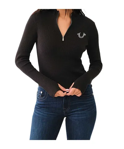 True Religion Rib Knit Quarter-zip Mock Neck Sweater In Jet Black