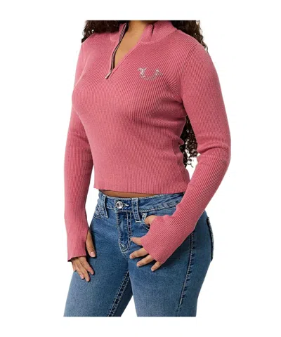 True Religion Rib Knit Quarter-zip Mock Neck Sweater In Mauvewood