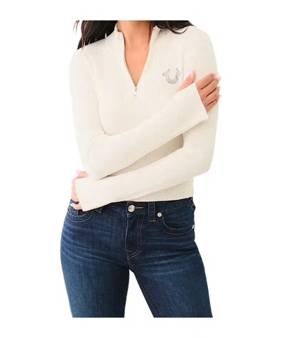 True Religion Rib Knit Quarter-zip Mock Neck Sweater In Winter White