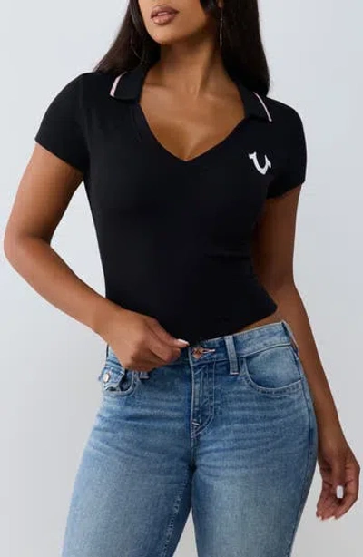 True Religion Ribbed Deep V Graphic Polo In Jet Black