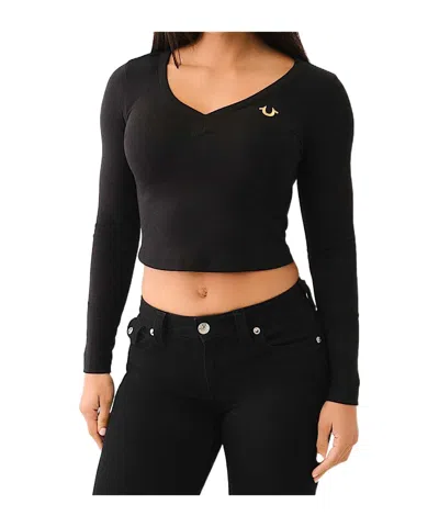 True Religion Ribbed Horseshoe Long Sleeve Top In Black