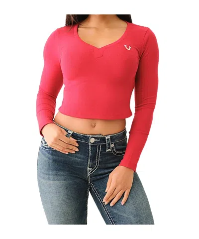 True Religion Ribbed Horseshoe Long Sleeve Top In Red