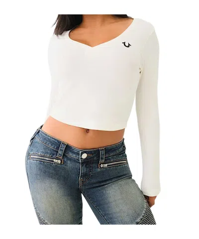 True Religion Ribbed Horseshoe Long Sleeve Top In White