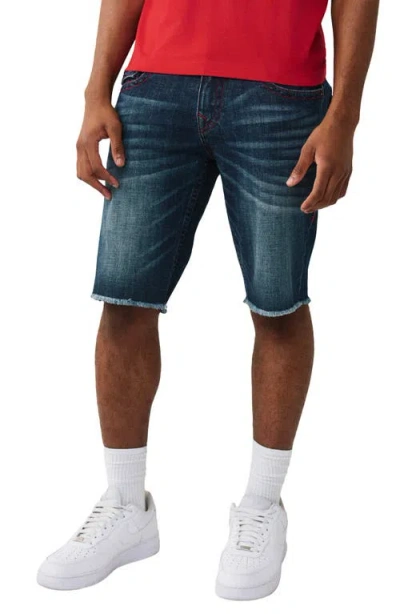 True Religion Ricky Frayed Hem Snap Flap Straight Denim Shorts In Blue