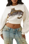 True Religion Ruched Sleeve Rhinestone Cotton Blend Sweatshirt In Neutral