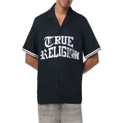 True Religion Sateen Graphic Camp Shirt In Blue