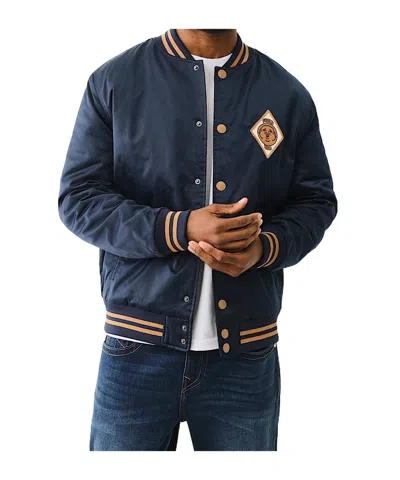 True Religion Satin Embroidered Bomber Jacket In Blue
