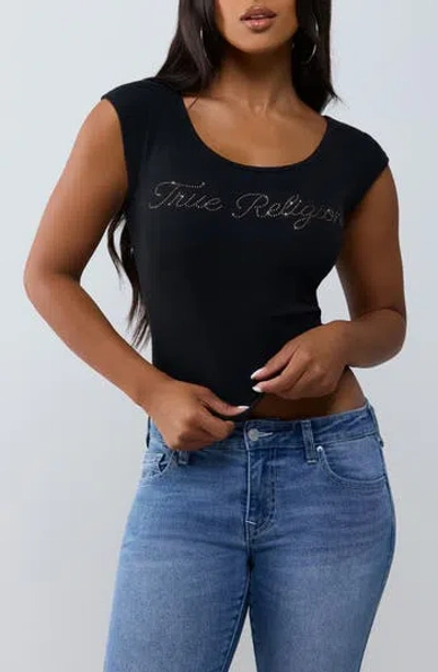 True Religion Script Ribbed Scoop Neck T-shirt In Black