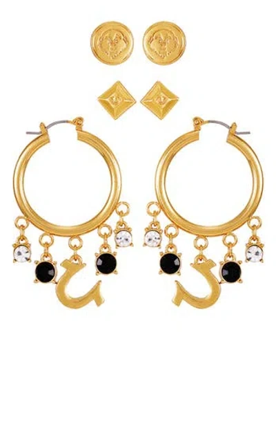 True Religion Set Of 3 Logo Stud & Hoop Earrings In Gold