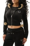 True Religion Shrunken Crystal Faux Fur Trim Velour Hoodie In Black