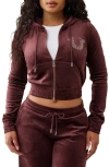 True Religion Shrunken Zip Front Velour Crop Hoodie In Brown