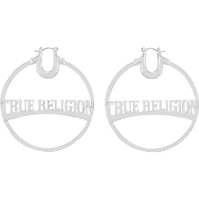 True Religion Silver Tone Large Logo Hoop Earrings In Metallic