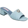 True Religion Single Strap Logo Block Heel In Blue