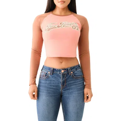 True Religion Slim Colorblock Long Sleeve Cotton Graphic T-shirt In Burnt Coral/carob Brown