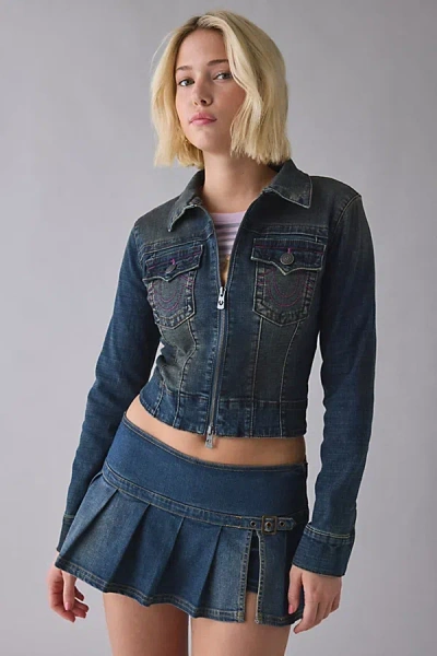 True Religion Slim Zip-up Denim Jacket In Tinted Denim, Women's At Urban Outfitters In Blue