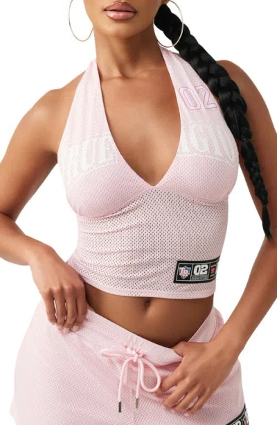 True Religion Sporty Logo Mesh Halter Top In Pink