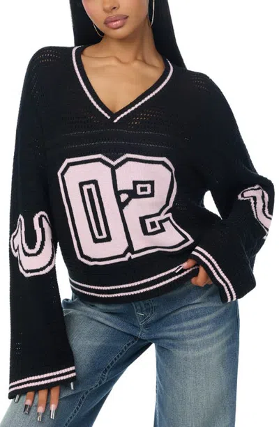 True Religion Sporty Open Stitch Jersey Sweater In Black
