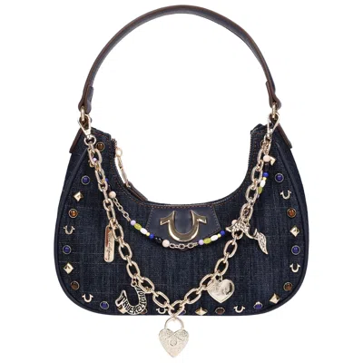 True Religion Studded Denim Shoulder Bag With Removable Charm Chain In Blue