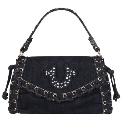 True Religion Studded Horseshoe Eyelet Denim Flap Bag In Black