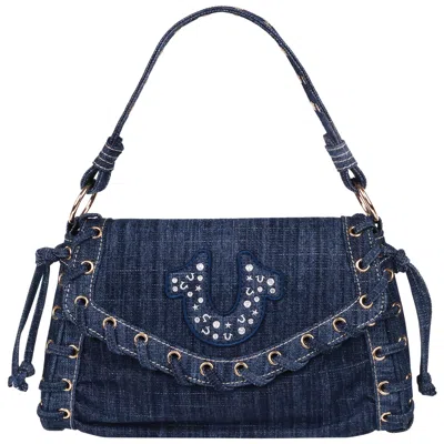True Religion Studded Horseshoe Eyelet Denim Flap Bag In Blue