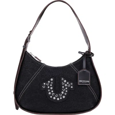 True Religion Studded Logo Denim Shoulder Bag In Black