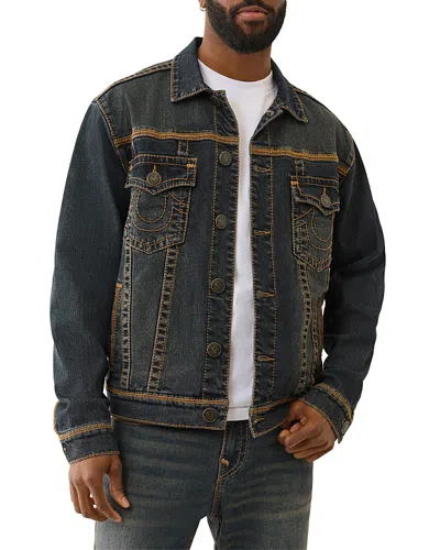 True Religion Super Flatlock Denim Trucker Jacket In Black