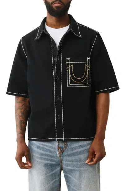 TRUE RELIGION TRUE RELIGION SUPER T OVERSIZE SHORT SLEEVE DENIM BUTTON-UP SHIRT