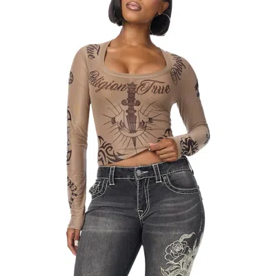 True Religion Tattoo Scoop Neck Long Sleeve Top In Multi