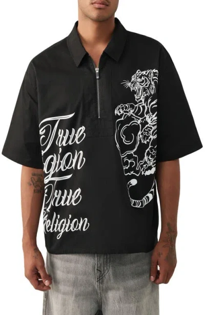 True Religion Tiger Half Zip Shirt In Black