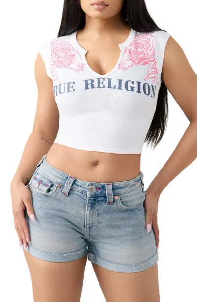 True Religion Tiger Logo Notch Neck Ribbed Crop Top In White