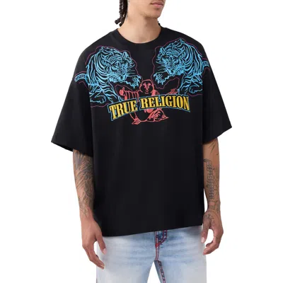 True Religion Mens Tiger-print Embroidered-logo Cotton T-shirt Jet Black