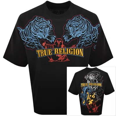 True Religion Mens Tiger-print Embroidered-logo Cotton T-shirt Jet Black