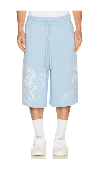 True Religion Tiger Script Mikey Fleece Shorts In Blue