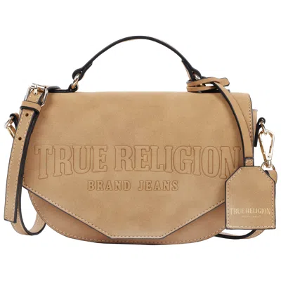 True Religion Trapunto Logo Suede Flap Crossbody In Brown
